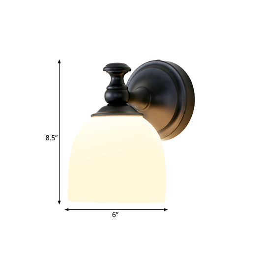 1 Head White Glass Wall Sconce Light Classic Style Black Domed Shade Living Room Wall Lighting Clearhalo 'Wall Lamps & Sconces' 'Wall Lights' Lighting' 781019
