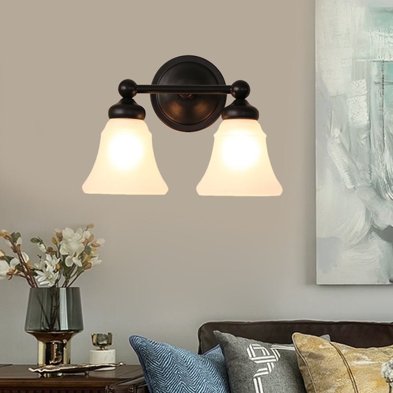 2 Lights Wall Mounted Light Countryside Living Room with Bell Opal Glass Shade in Black Black Clearhalo 'Wall Lamps & Sconces' 'Wall Lights' Lighting' 781024