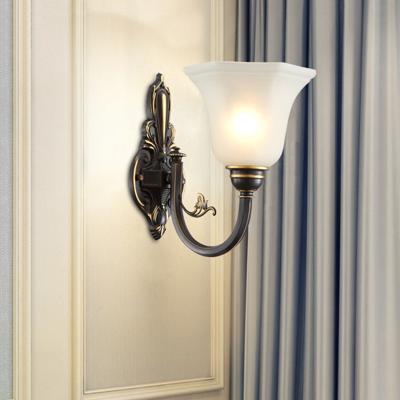 Curved Arm Corridor Wall Lamp Traditional Metal 1/2-Head Brass/Black and Gold Sconce Light with Flared Frosted Glass Shade 1.0 Black-Gold Clearhalo 'Wall Lamps & Sconces' 'Wall Lights' Lighting' 781028