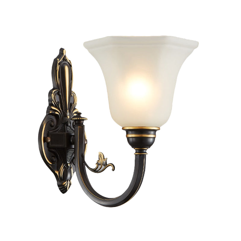 Curved Arm Corridor Wall Lamp Traditional Metal 1/2-Head Brass/Black and Gold Sconce Light with Flared Frosted Glass Shade Clearhalo 'Wall Lamps & Sconces' 'Wall Lights' Lighting' 781029