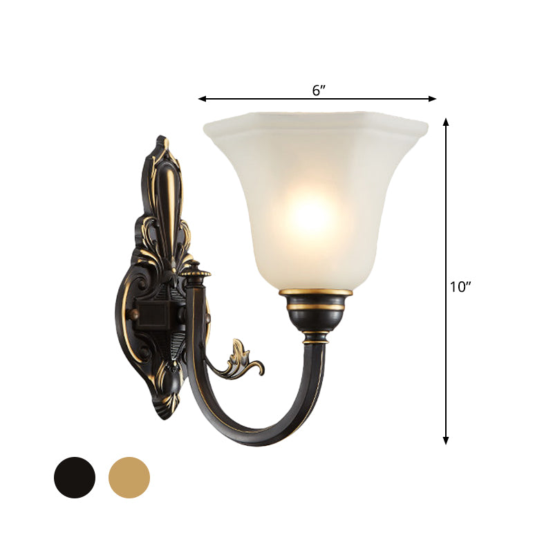 Curved Arm Corridor Wall Lamp Traditional Metal 1/2-Head Brass/Black and Gold Sconce Light with Flared Frosted Glass Shade Clearhalo 'Wall Lamps & Sconces' 'Wall Lights' Lighting' 781031