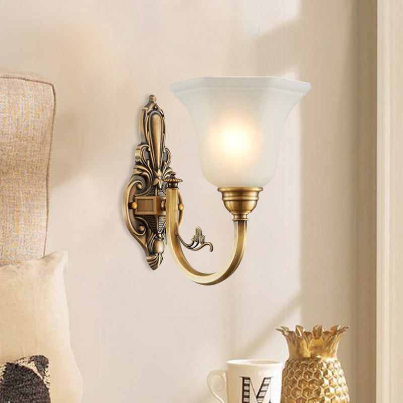 Curved Arm Corridor Wall Lamp Traditional Metal 1/2-Head Brass/Black and Gold Sconce Light with Flared Frosted Glass Shade Clearhalo 'Wall Lamps & Sconces' 'Wall Lights' Lighting' 781033