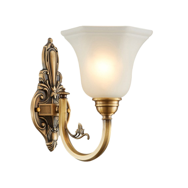 Curved Arm Corridor Wall Lamp Traditional Metal 1/2-Head Brass/Black and Gold Sconce Light with Flared Frosted Glass Shade Clearhalo 'Wall Lamps & Sconces' 'Wall Lights' Lighting' 781034