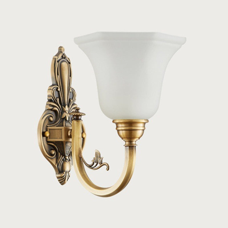 Curved Arm Corridor Wall Lamp Traditional Metal 1/2-Head Brass/Black and Gold Sconce Light with Flared Frosted Glass Shade Clearhalo 'Wall Lamps & Sconces' 'Wall Lights' Lighting' 781035