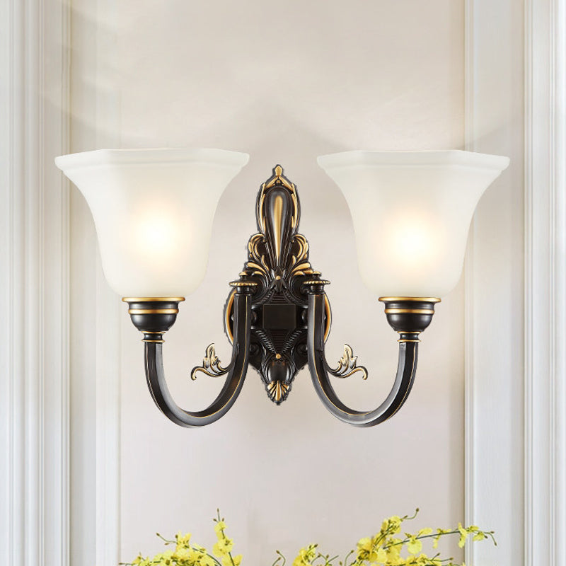 Curved Arm Corridor Wall Lamp Traditional Metal 1/2-Head Brass/Black and Gold Sconce Light with Flared Frosted Glass Shade 2.0 Black-Gold Clearhalo 'Wall Lamps & Sconces' 'Wall Lights' Lighting' 781036