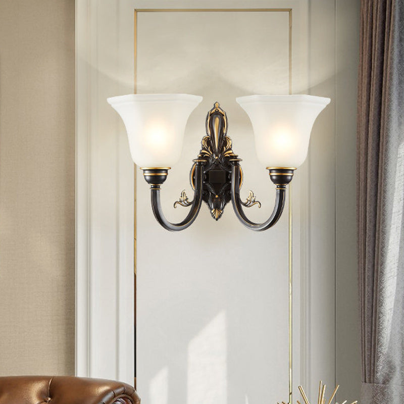 Curved Arm Corridor Wall Lamp Traditional Metal 1/2-Head Brass/Black and Gold Sconce Light with Flared Frosted Glass Shade Clearhalo 'Wall Lamps & Sconces' 'Wall Lights' Lighting' 781038