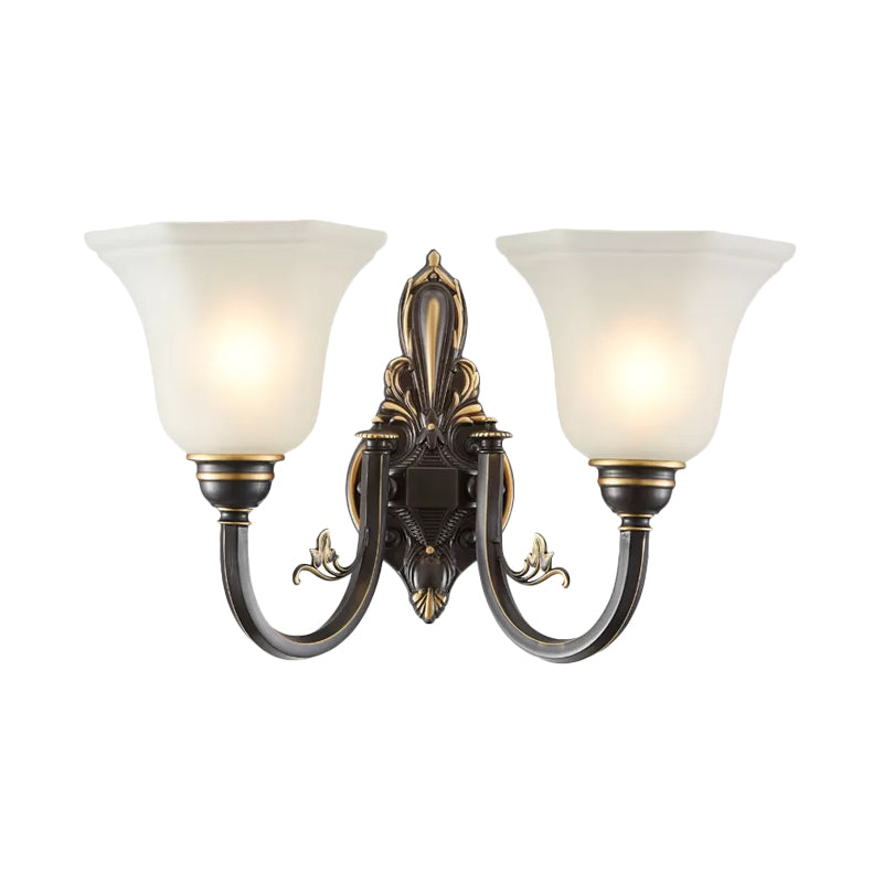 Curved Arm Corridor Wall Lamp Traditional Metal 1/2-Head Brass/Black and Gold Sconce Light with Flared Frosted Glass Shade Clearhalo 'Wall Lamps & Sconces' 'Wall Lights' Lighting' 781039