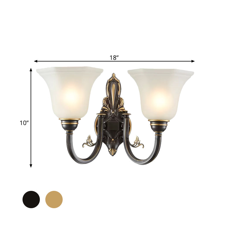 Curved Arm Corridor Wall Lamp Traditional Metal 1/2-Head Brass/Black and Gold Sconce Light with Flared Frosted Glass Shade Clearhalo 'Wall Lamps & Sconces' 'Wall Lights' Lighting' 781040