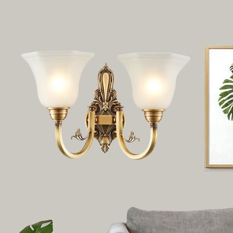 Curved Arm Corridor Wall Lamp Traditional Metal 1/2-Head Brass/Black and Gold Sconce Light with Flared Frosted Glass Shade 2.0 Brass Clearhalo 'Wall Lamps & Sconces' 'Wall Lights' Lighting' 781041