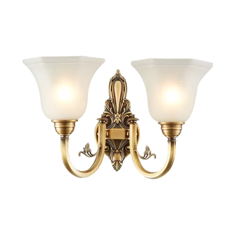 Curved Arm Corridor Wall Lamp Traditional Metal 1/2-Head Brass/Black and Gold Sconce Light with Flared Frosted Glass Shade Clearhalo 'Wall Lamps & Sconces' 'Wall Lights' Lighting' 781043