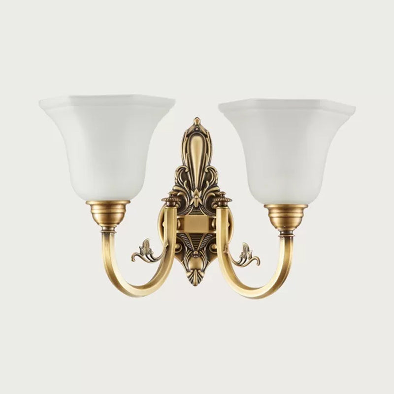 Curved Arm Corridor Wall Lamp Traditional Metal 1/2-Head Brass/Black and Gold Sconce Light with Flared Frosted Glass Shade Clearhalo 'Wall Lamps & Sconces' 'Wall Lights' Lighting' 781044