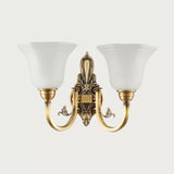 Curved Arm Corridor Wall Lamp Traditional Metal 1/2-Head Brass/Black and Gold Sconce Light with Flared Frosted Glass Shade Clearhalo 'Wall Lamps & Sconces' 'Wall Lights' Lighting' 781044