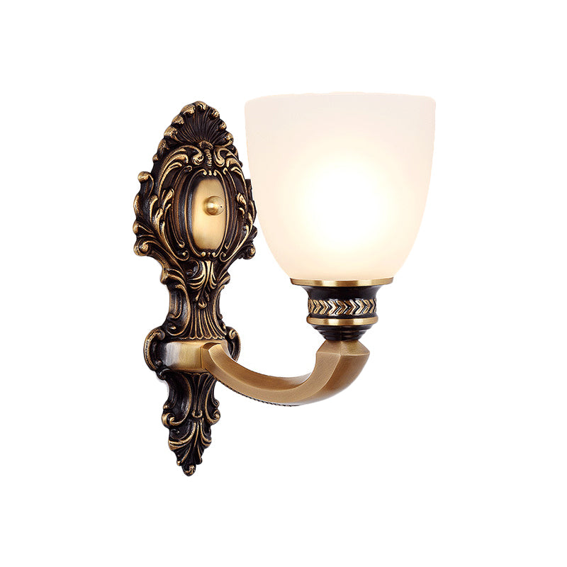 Dome Frosted Glass Wall Mount Light Fixture Classic Style 1/2 Heads Bedroom Sconce Lighting in Brass Clearhalo 'Wall Lamps & Sconces' 'Wall Lights' Lighting' 781046