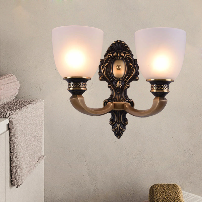 Dome Frosted Glass Wall Mount Light Fixture Classic Style 1/2 Heads Bedroom Sconce Lighting in Brass 2.0 Brass Clearhalo 'Wall Lamps & Sconces' 'Wall Lights' Lighting' 781049