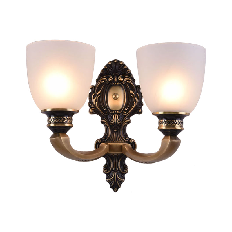 Dome Frosted Glass Wall Mount Light Fixture Classic Style 1/2 Heads Bedroom Sconce Lighting in Brass Clearhalo 'Wall Lamps & Sconces' 'Wall Lights' Lighting' 781051