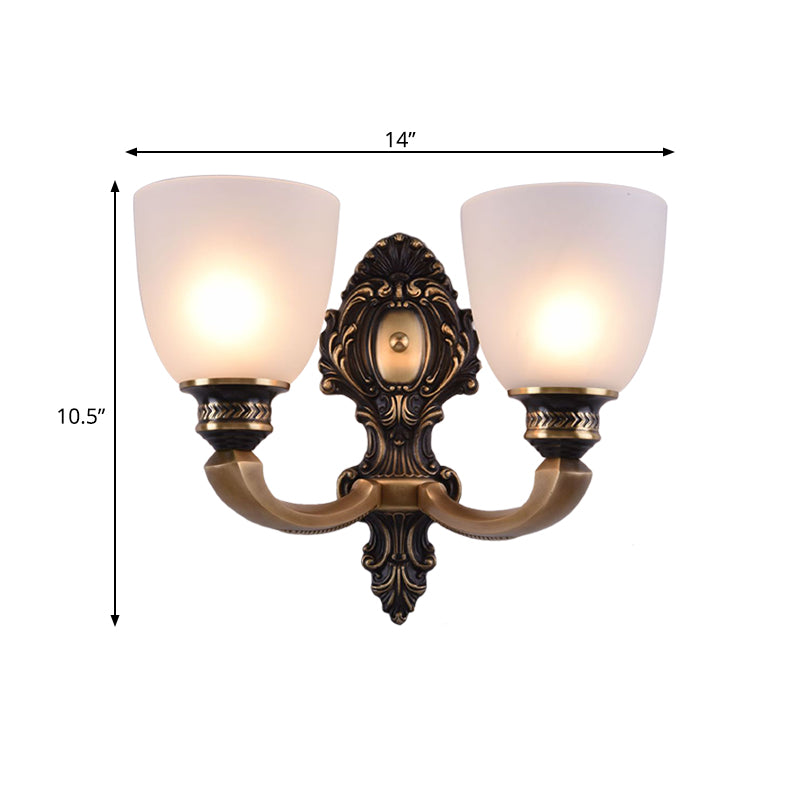 Dome Frosted Glass Wall Mount Light Fixture Classic Style 1/2 Heads Bedroom Sconce Lighting in Brass Clearhalo 'Wall Lamps & Sconces' 'Wall Lights' Lighting' 781053