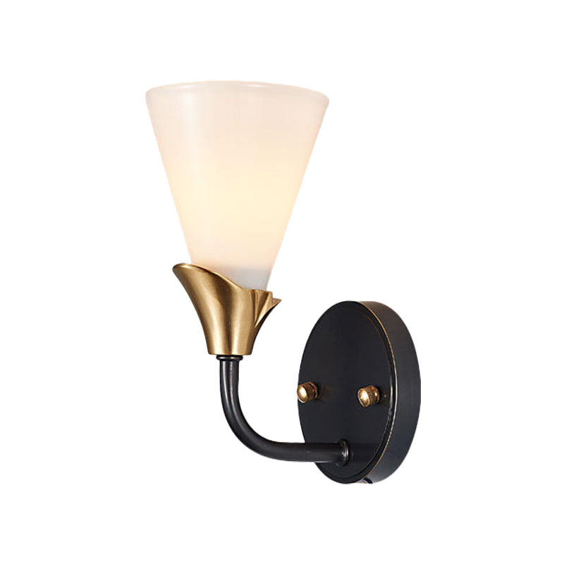 Brass Finish 1/2-Bulb Wall Mount Lighting Country Style White Glass Conical Wall Sconce Light Clearhalo 'Wall Lamps & Sconces' 'Wall Lights' Lighting' 781055