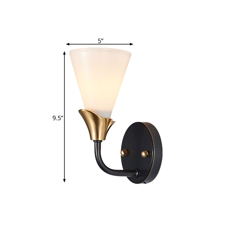 Brass Finish 1/2-Bulb Wall Mount Lighting Country Style White Glass Conical Wall Sconce Light Clearhalo 'Wall Lamps & Sconces' 'Wall Lights' Lighting' 781057