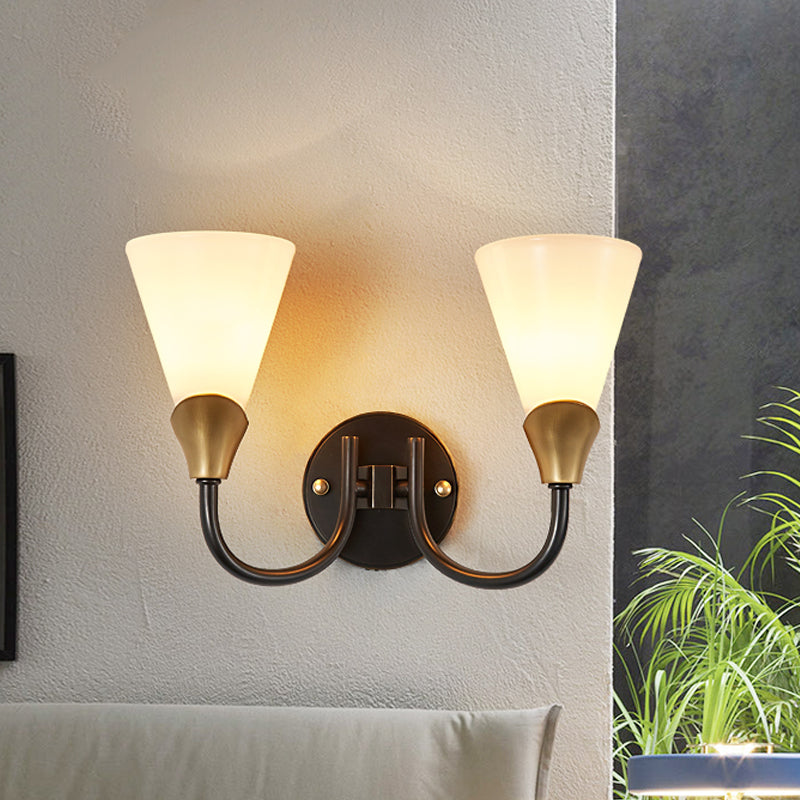 Brass Finish 1/2-Bulb Wall Mount Lighting Country Style White Glass Conical Wall Sconce Light 2.0 Brass Clearhalo 'Wall Lamps & Sconces' 'Wall Lights' Lighting' 781058