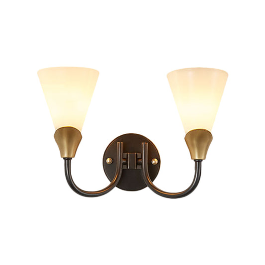 Brass Finish 1/2-Bulb Wall Mount Lighting Country Style White Glass Conical Wall Sconce Light Clearhalo 'Wall Lamps & Sconces' 'Wall Lights' Lighting' 781060