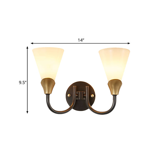 Brass Finish 1/2-Bulb Wall Mount Lighting Country Style White Glass Conical Wall Sconce Light Clearhalo 'Wall Lamps & Sconces' 'Wall Lights' Lighting' 781062