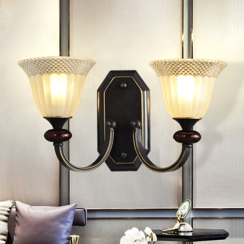 Metal Black Wall Mounted Light Curved Arm 1/2-Light Countryside Wall Lighting Fixture with Bell Clear Glass Shade 2.0 Black Clearhalo 'Wall Lamps & Sconces' 'Wall Lights' Lighting' 781076