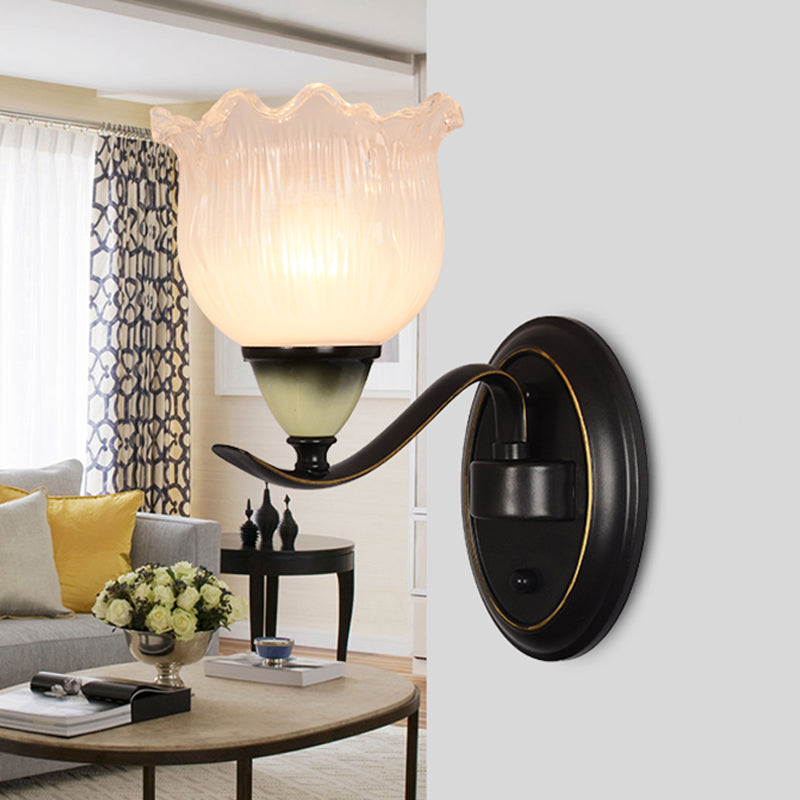 Clear Ribbed Glass Flower Sconce Lamp Countryside 1/2 Lights Living Room Wall Mounted Lighting in Black 1.0 Black Clearhalo 'Wall Lamps & Sconces' 'Wall Lights' Lighting' 781081