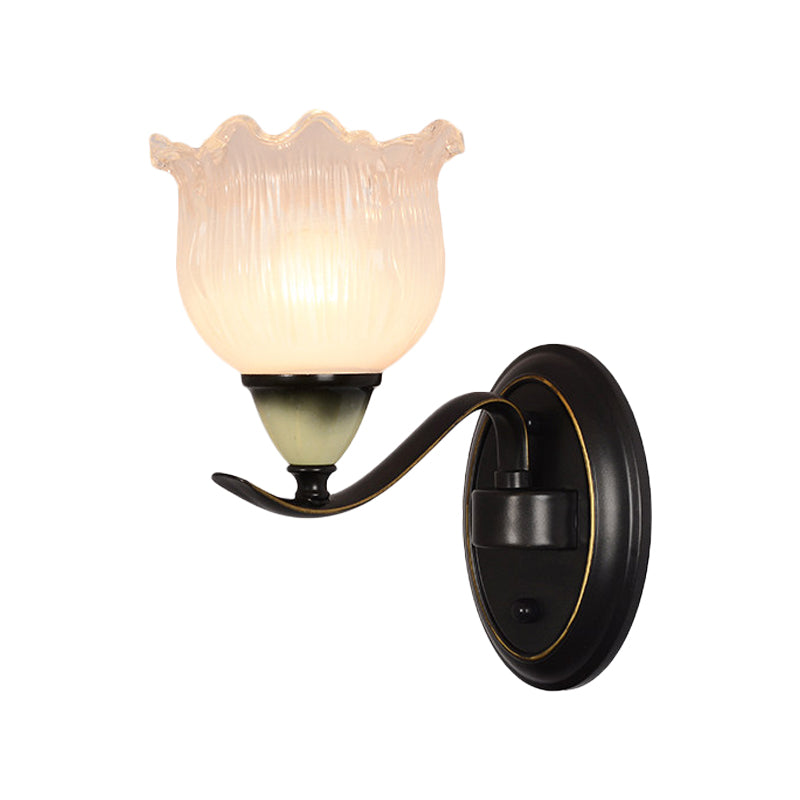 Clear Ribbed Glass Flower Sconce Lamp Countryside 1/2 Lights Living Room Wall Mounted Lighting in Black Clearhalo 'Wall Lamps & Sconces' 'Wall Lights' Lighting' 781083