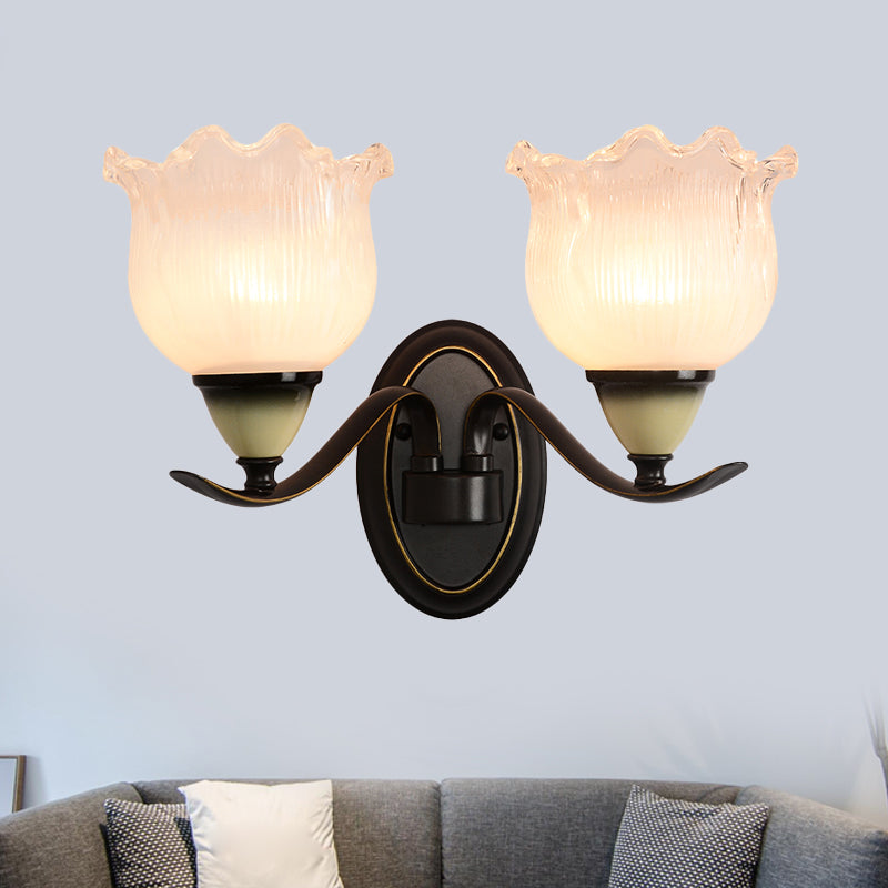 Clear Ribbed Glass Flower Sconce Lamp Countryside 1/2 Lights Living Room Wall Mounted Lighting in Black 2.0 Black Clearhalo 'Wall Lamps & Sconces' 'Wall Lights' Lighting' 781085