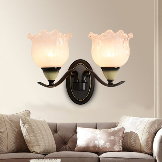 Clear Ribbed Glass Flower Sconce Lamp Countryside 1/2 Lights Living Room Wall Mounted Lighting in Black Clearhalo 'Wall Lamps & Sconces' 'Wall Lights' Lighting' 781086