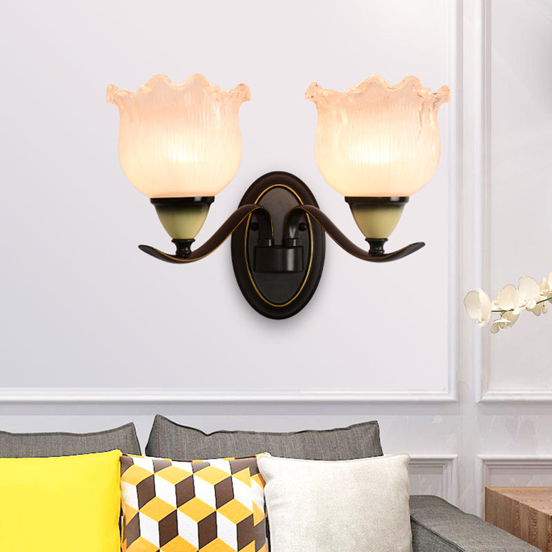 Clear Ribbed Glass Flower Sconce Lamp Countryside 1/2 Lights Living Room Wall Mounted Lighting in Black Clearhalo 'Wall Lamps & Sconces' 'Wall Lights' Lighting' 781087