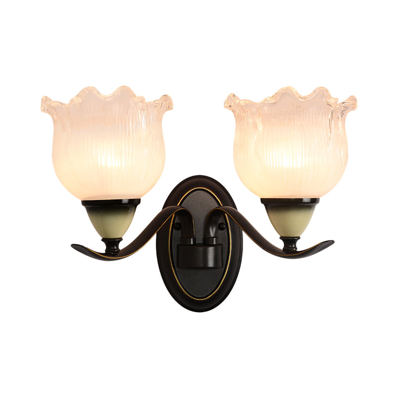 Clear Ribbed Glass Flower Sconce Lamp Countryside 1/2 Lights Living Room Wall Mounted Lighting in Black Clearhalo 'Wall Lamps & Sconces' 'Wall Lights' Lighting' 781088