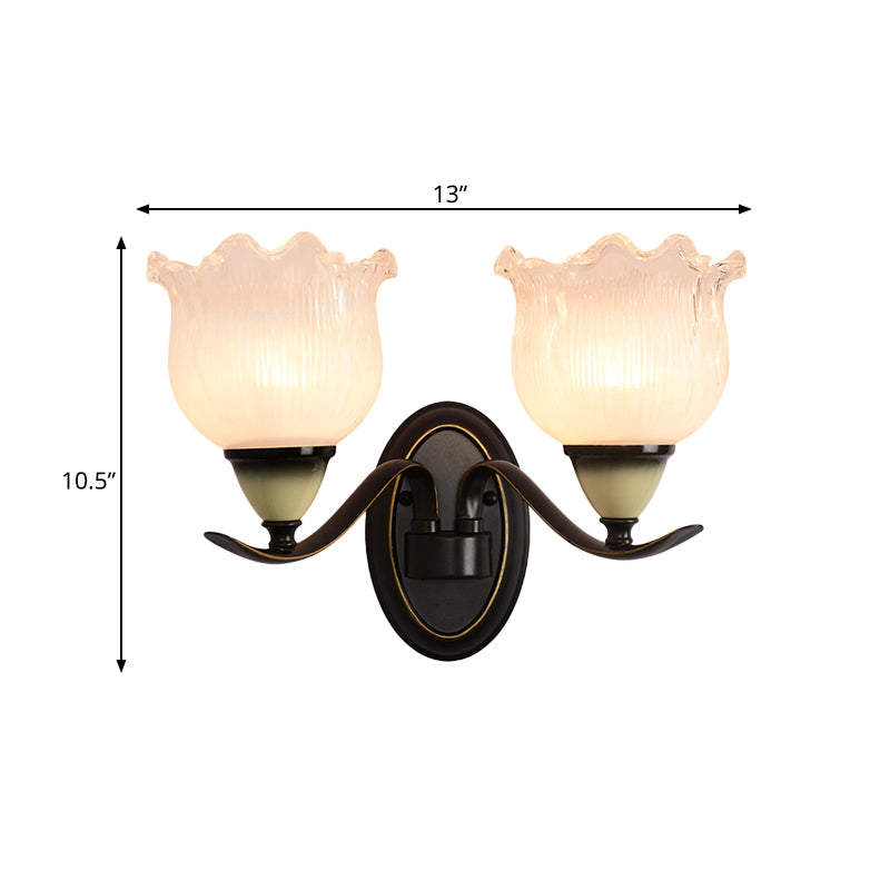 Clear Ribbed Glass Flower Sconce Lamp Countryside 1/2 Lights Living Room Wall Mounted Lighting in Black Clearhalo 'Wall Lamps & Sconces' 'Wall Lights' Lighting' 781089