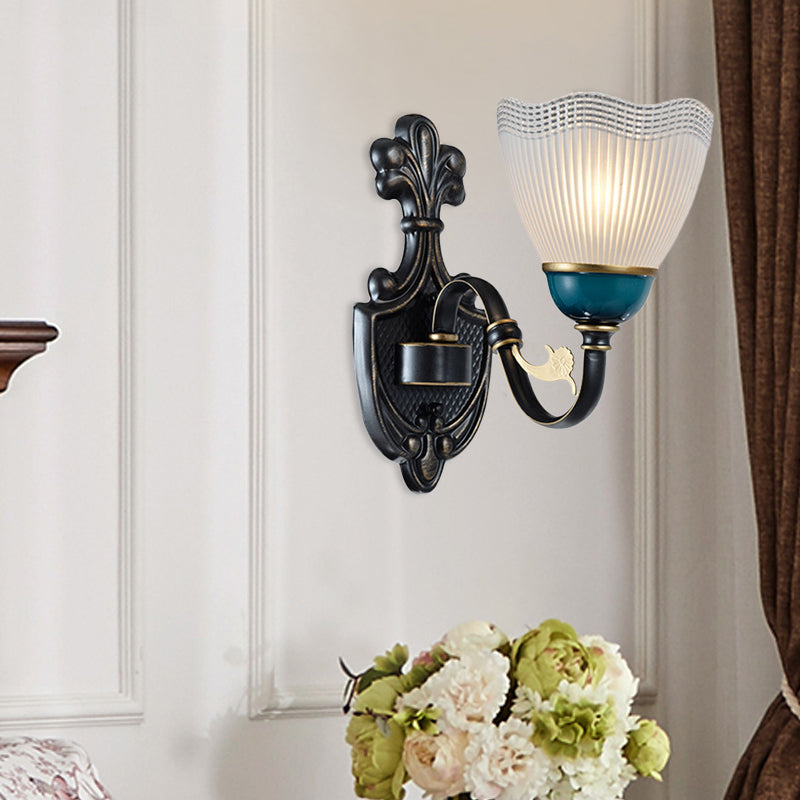 Country Twisted Arm Wall Light Fixture 1/2-Head Metal Sconce Lamp in Black and Blue with Dome Frosted Ribbed Glass Shade 1.0 Black-Blue Clearhalo 'Wall Lamps & Sconces' 'Wall Lights' Lighting' 781090