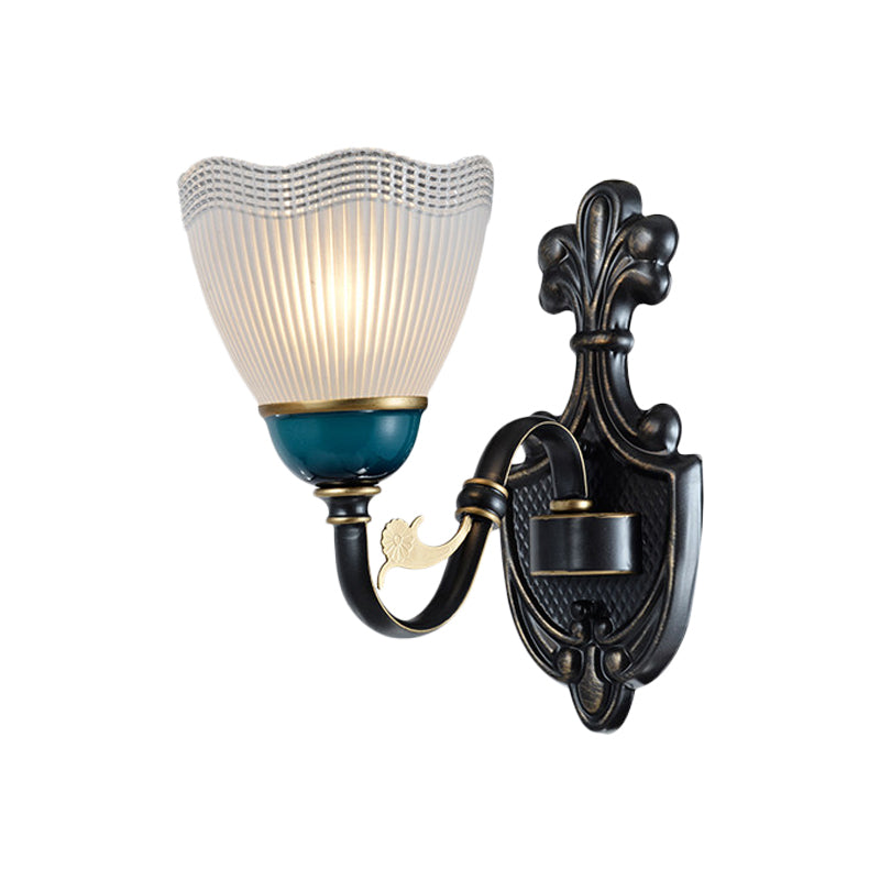 Country Twisted Arm Wall Light Fixture 1/2-Head Metal Sconce Lamp in Black and Blue with Dome Frosted Ribbed Glass Shade Clearhalo 'Wall Lamps & Sconces' 'Wall Lights' Lighting' 781092