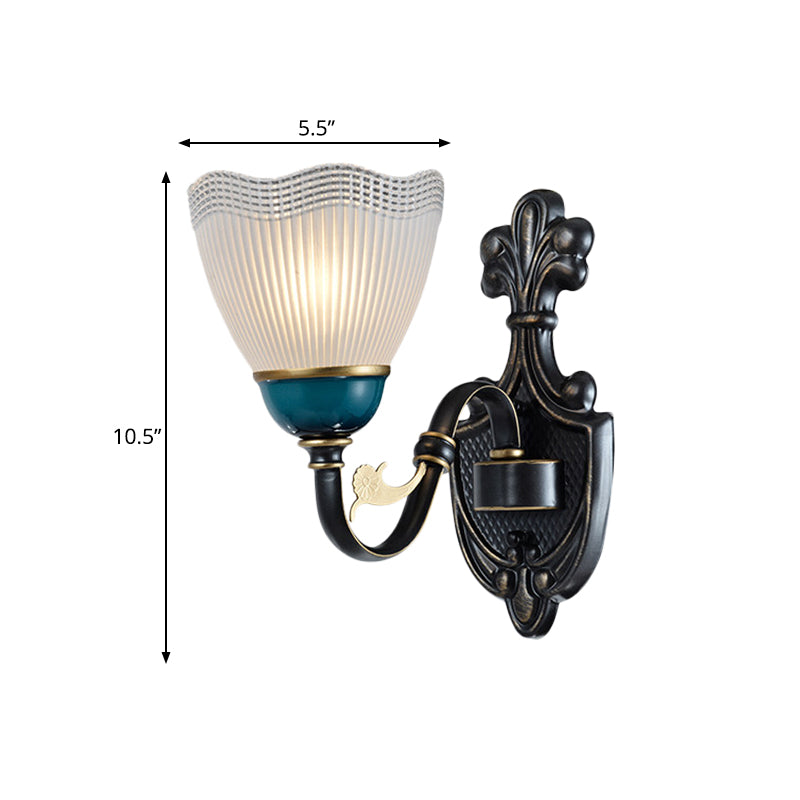 Country Twisted Arm Wall Light Fixture 1/2-Head Metal Sconce Lamp in Black and Blue with Dome Frosted Ribbed Glass Shade Clearhalo 'Wall Lamps & Sconces' 'Wall Lights' Lighting' 781093