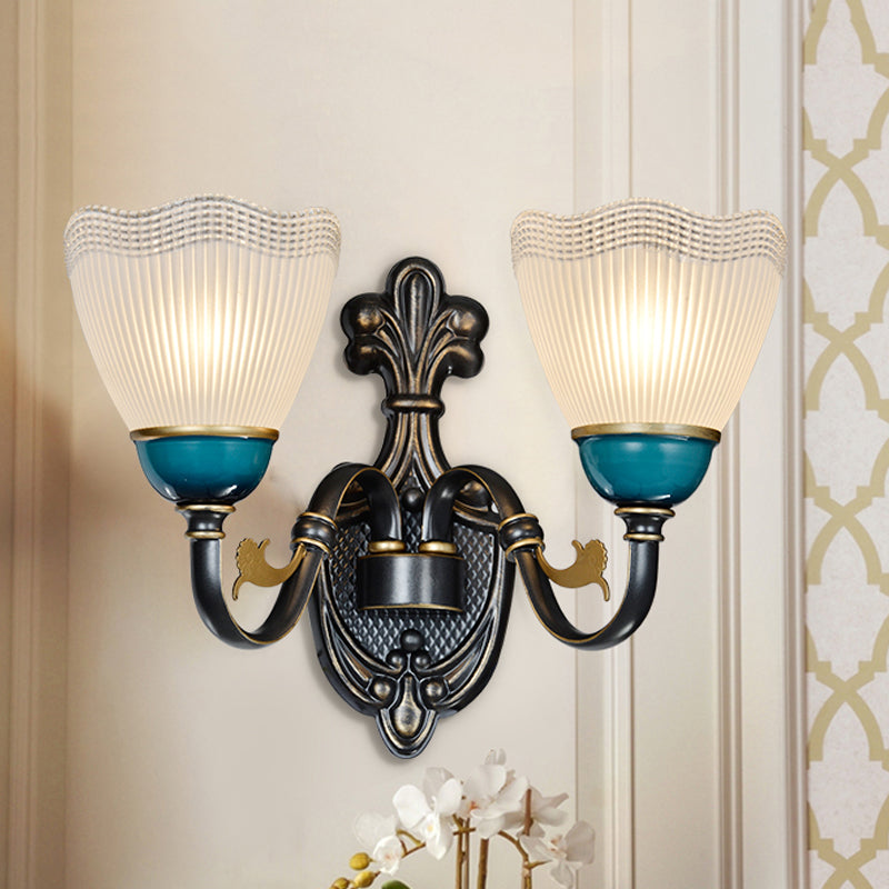 Country Twisted Arm Wall Light Fixture 1/2-Head Metal Sconce Lamp in Black and Blue with Dome Frosted Ribbed Glass Shade 2.0 Black-Blue Clearhalo 'Wall Lamps & Sconces' 'Wall Lights' Lighting' 781094