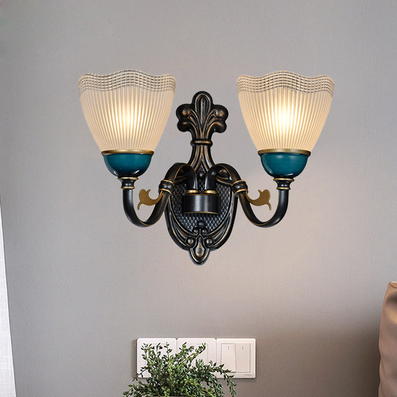 Country Twisted Arm Wall Light Fixture 1/2-Head Metal Sconce Lamp in Black and Blue with Dome Frosted Ribbed Glass Shade Clearhalo 'Wall Lamps & Sconces' 'Wall Lights' Lighting' 781095