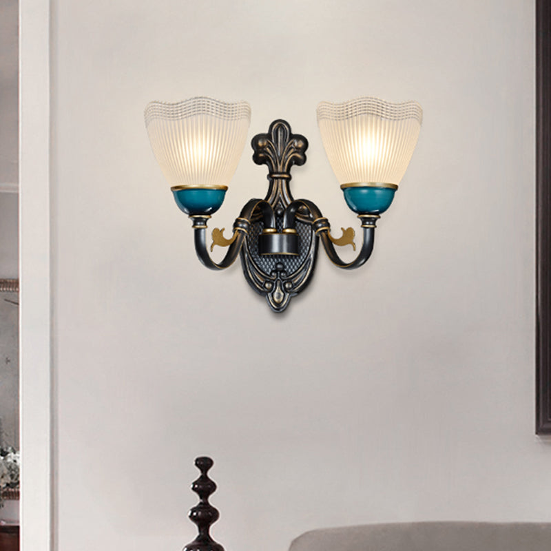 Country Twisted Arm Wall Light Fixture 1/2-Head Metal Sconce Lamp in Black and Blue with Dome Frosted Ribbed Glass Shade Clearhalo 'Wall Lamps & Sconces' 'Wall Lights' Lighting' 781096