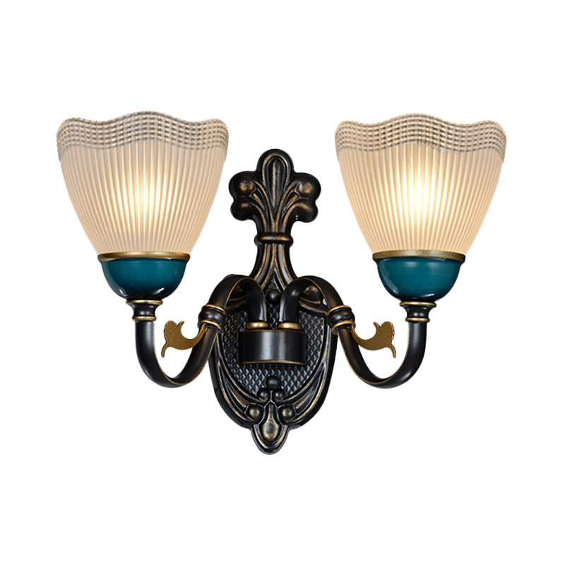 Country Twisted Arm Wall Light Fixture 1/2-Head Metal Sconce Lamp in Black and Blue with Dome Frosted Ribbed Glass Shade Clearhalo 'Wall Lamps & Sconces' 'Wall Lights' Lighting' 781097