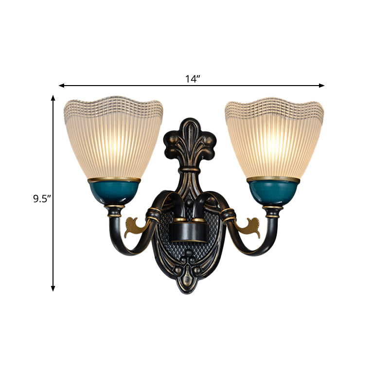 Country Twisted Arm Wall Light Fixture 1/2-Head Metal Sconce Lamp in Black and Blue with Dome Frosted Ribbed Glass Shade Clearhalo 'Wall Lamps & Sconces' 'Wall Lights' Lighting' 781098