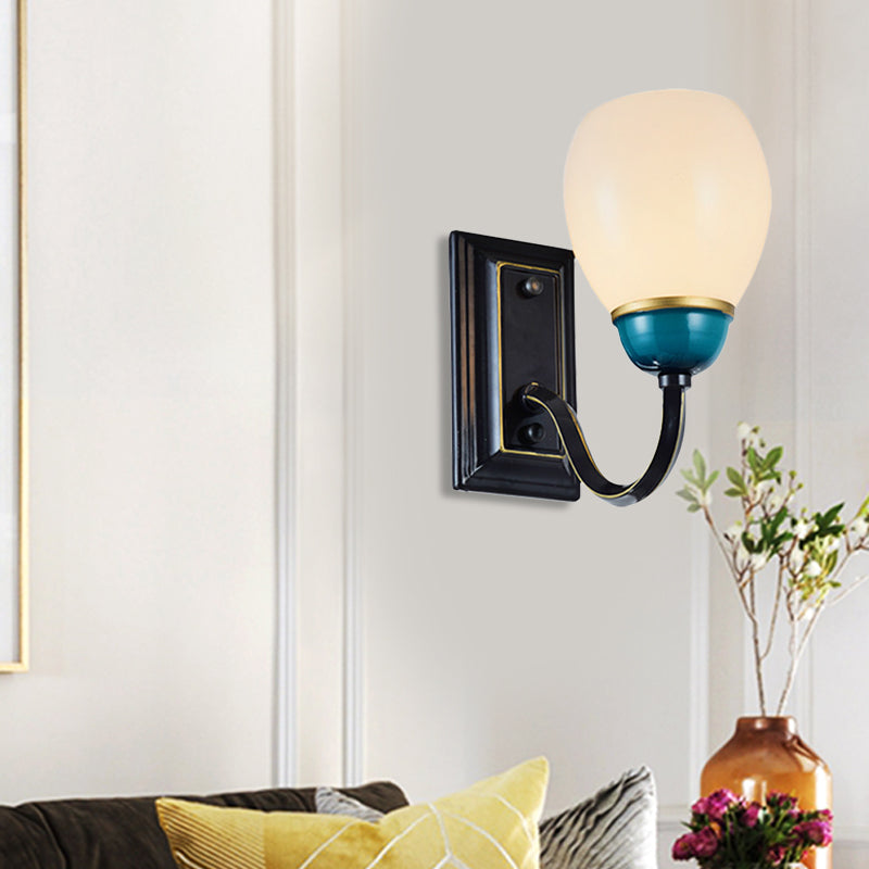 1/2-Head Globe Wall Lighting Fixture Countryside Black and Blue Opal Glass Wall Light Sconce with Curved Arm 1.0 Black-Blue Clearhalo 'Wall Lamps & Sconces' 'Wall Lights' Lighting' 781099