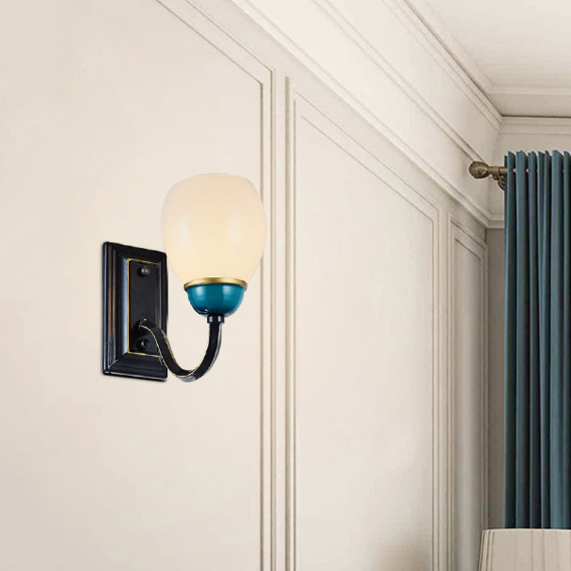 1/2-Head Globe Wall Lighting Fixture Countryside Black and Blue Opal Glass Wall Light Sconce with Curved Arm Clearhalo 'Wall Lamps & Sconces' 'Wall Lights' Lighting' 781100