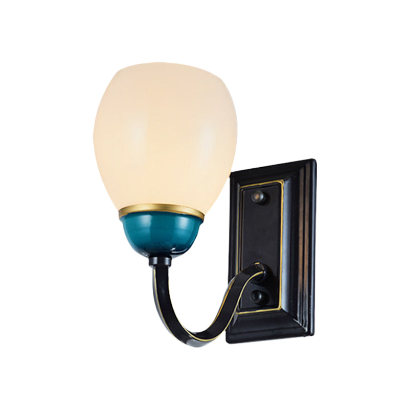 1/2-Head Globe Wall Lighting Fixture Countryside Black and Blue Opal Glass Wall Light Sconce with Curved Arm Clearhalo 'Wall Lamps & Sconces' 'Wall Lights' Lighting' 781101