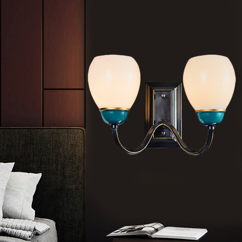 1/2-Head Globe Wall Lighting Fixture Countryside Black and Blue Opal Glass Wall Light Sconce with Curved Arm Clearhalo 'Wall Lamps & Sconces' 'Wall Lights' Lighting' 781104