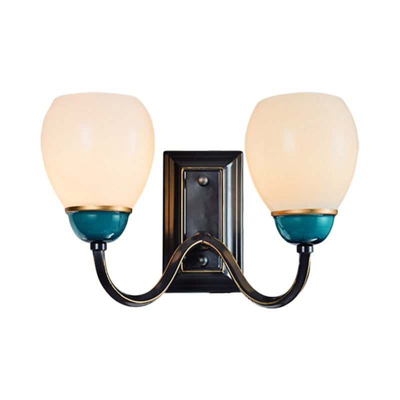 1/2-Head Globe Wall Lighting Fixture Countryside Black and Blue Opal Glass Wall Light Sconce with Curved Arm Clearhalo 'Wall Lamps & Sconces' 'Wall Lights' Lighting' 781106