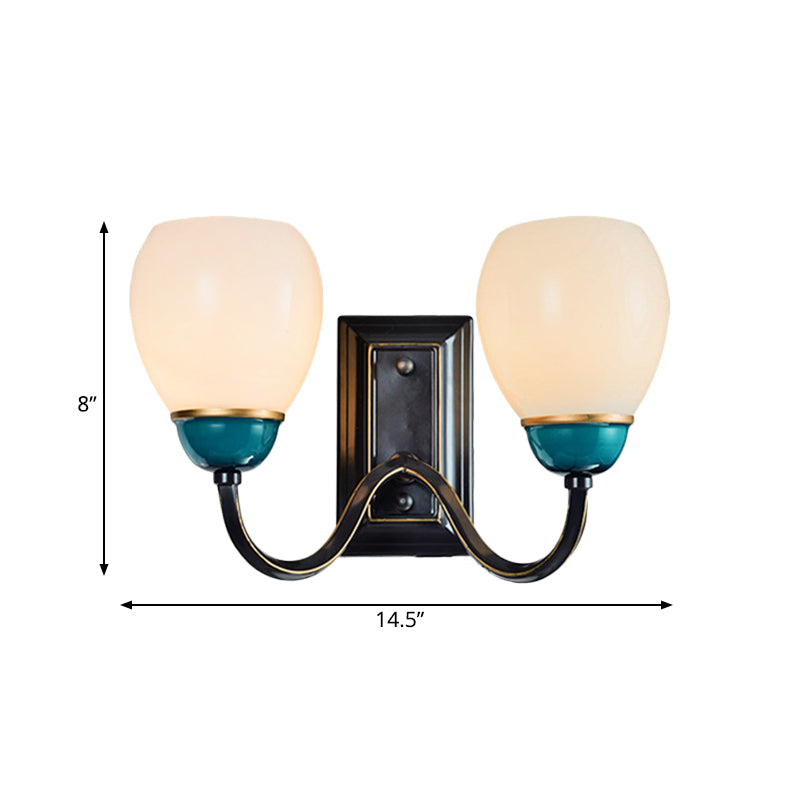 1/2-Head Globe Wall Lighting Fixture Countryside Black and Blue Opal Glass Wall Light Sconce with Curved Arm Clearhalo 'Wall Lamps & Sconces' 'Wall Lights' Lighting' 781107