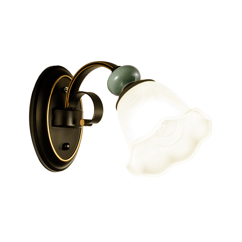 1/2 Bulbs Wall Mounted Light Retro Style Flower Frosted Glass Wall Lighting Ideas in Black with Swooping Arm Clearhalo 'Wall Lamps & Sconces' 'Wall Lights' Lighting' 781113