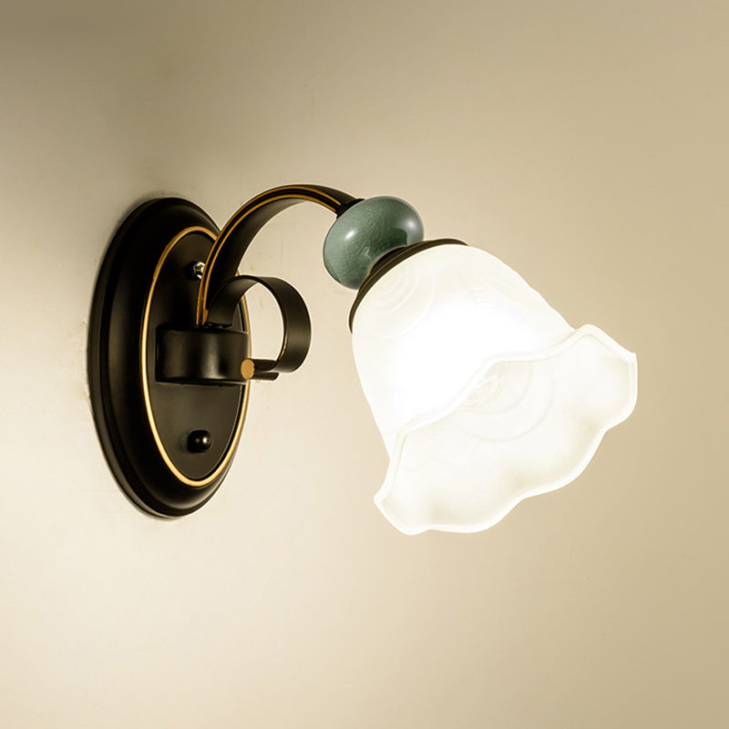 1/2 Bulbs Wall Mounted Light Retro Style Flower Frosted Glass Wall Lighting Ideas in Black with Swooping Arm Clearhalo 'Wall Lamps & Sconces' 'Wall Lights' Lighting' 781114