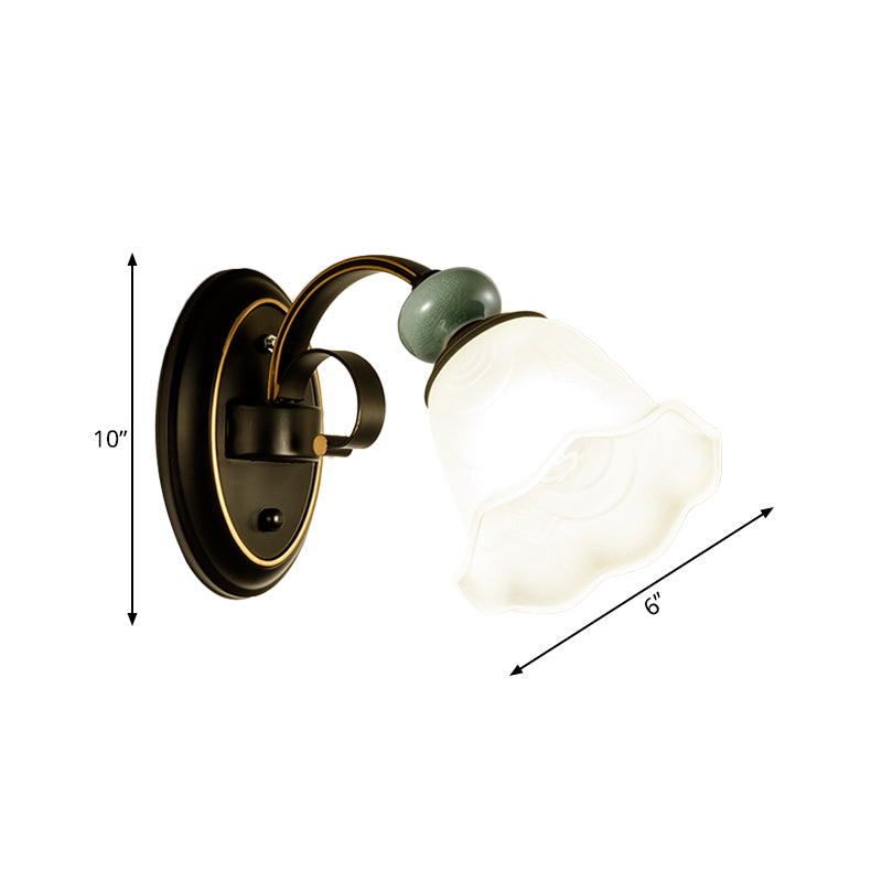 1/2 Bulbs Wall Mounted Light Retro Style Flower Frosted Glass Wall Lighting Ideas in Black with Swooping Arm Clearhalo 'Wall Lamps & Sconces' 'Wall Lights' Lighting' 781115